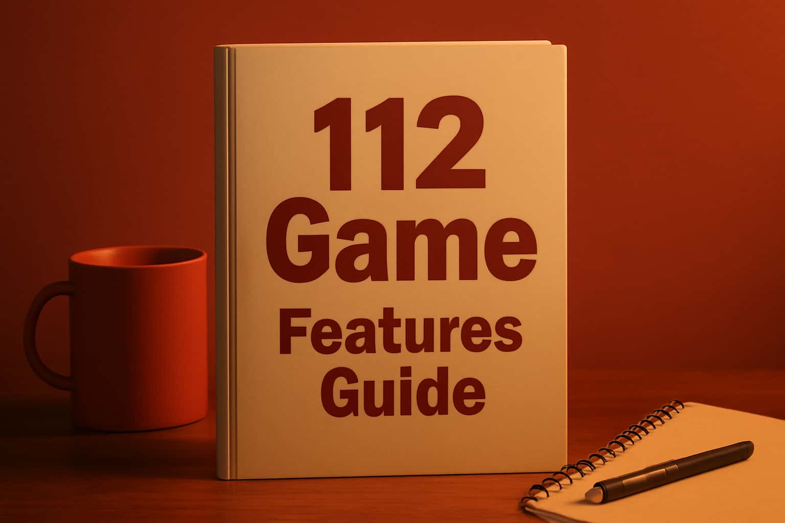 An informative scene showcasing the title '112 Game Features Guide' with thematic lighting.